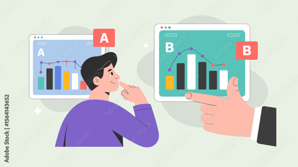 Poster ux researcher choosing between two design versions in an a and b test, vector illustration for compa