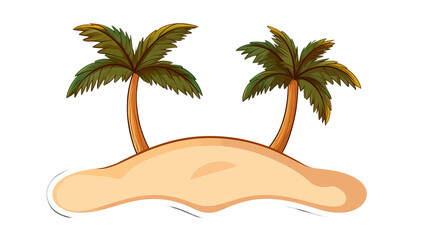 Fototapeta premium Two cartoon palm trees stand on a tan sandy island, appearing to be isolated against a dark setting.