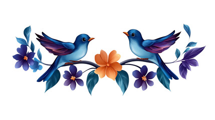 Obraz premium Two blue birds are perched on a branch with purple and orange flowers. - high quality Two blue birds are perched on a branch with purple and orange fl
