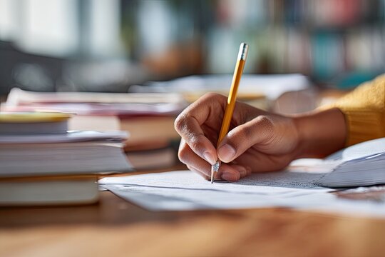 Close-up of a hand writing with a yellow pencil on a piece of paper, surrounded by books and papers on a wooden desk in a sunlit room