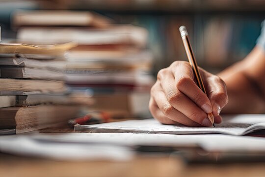 Close-up of a hand writing with a pencil on a notepad, surrounded by stacks of books in a blurred background