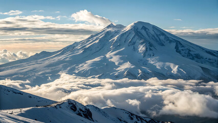 A snowy mountain peak rising above a sea of clouds under a bright blue sky during the daytime - ai generated