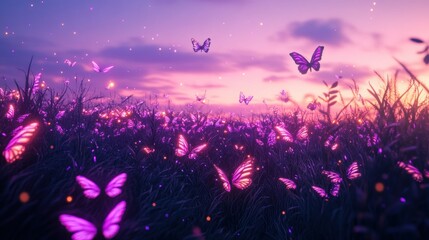 Naklejka premium Glowing butterflies sunset field