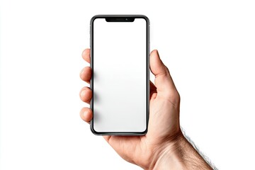 A hand holds a modern smartphone vertically, showcasing a blank white screen against a pure white background.  The phone has a dark bezel and rounded corners