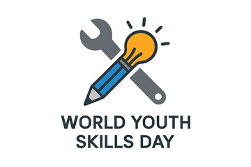 Youth skills iconography for world youth skills day, highlighting innovation and practical knowledge with tools and a lightbulb