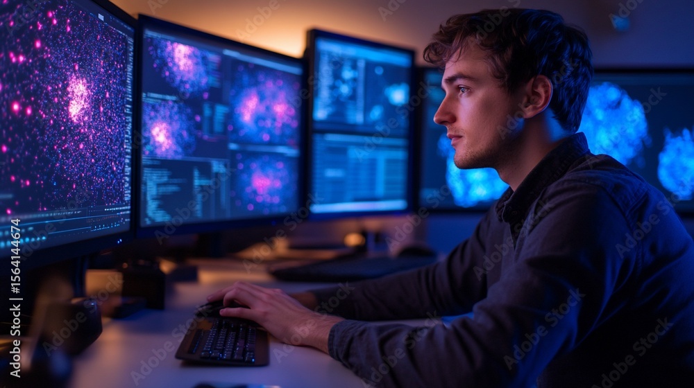 Fototapete data analyst focused on complex data visualization on multiple monitors