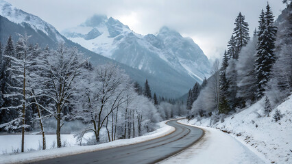 Winding road through a snowy mountain pass with snow covered trees and mountains in the background - ai generated