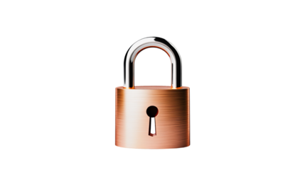 A 3D metal padlock sits centered against a isolated background, displaying texture and shine.