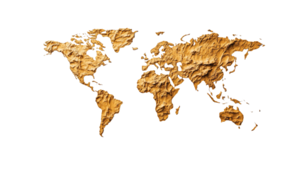 World map is displayed with brown mountainous textured continents against a background.
