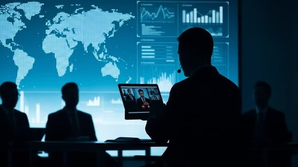 Global business strategy meeting with digital data visualization and virtual conferencing technology - Powered by Adobe