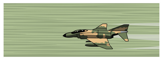 Low lewel fly. A simple drawing of an old jet fighter flying over the surface. Vector image for prints, poster and illustrations.
