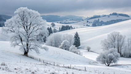 A winter landscape with snow covered trees and hills under a cloudy sky in a serene environment - ai generated