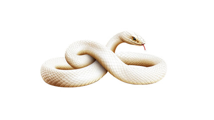 Fototapeta premium Albino snake is coiled, displaying its red tongue, against a contrasting isolated background.