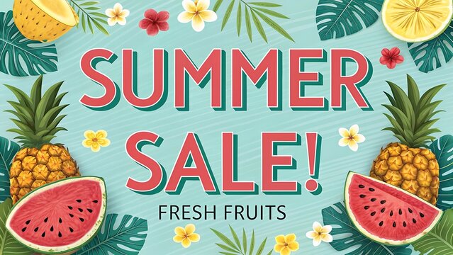Tropical fruit-themed summer sale poster with watermelon, pineapple, and bold text overlay