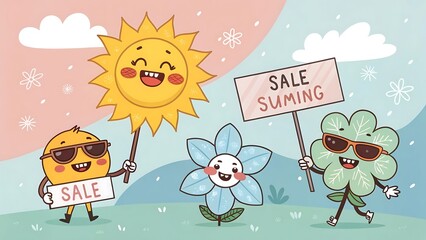 Fototapeta premium Kawaii-style seasonal poster with smiling sun, snowflake, and flower characters holding sale signs 