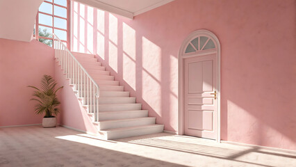 Interior view of a pink room with white staircase door and plant bathed in sunlight streaming through window - ai generated