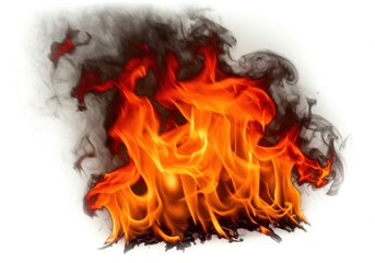 Fiery orange and red flames with dark smoke, isolated on white background