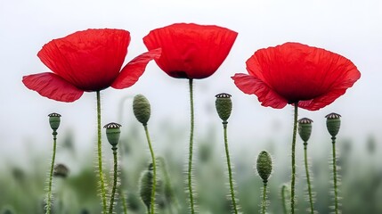 Fototapeta premium Vibrant Red Poppies Field Closeup Photography
