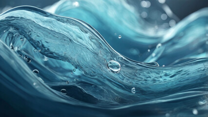 Futuristic close-up of flowing aqua waves and water droplets in motion