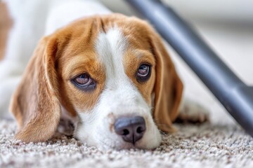 Fototapeta premium A puppy watches from the background as a woman vacuums the sofa