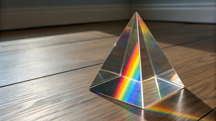 A clear prism refracting light creating a rainbow on a wooden floor in a bright room setting - ai generated