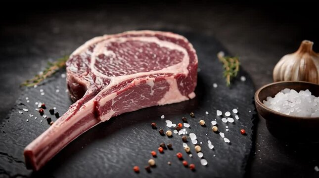A raw tomahawk steak with garlic and salt on a black slate background ready for cooking and seasoning