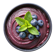 Purple acai bowl with blueberries and mint removed background