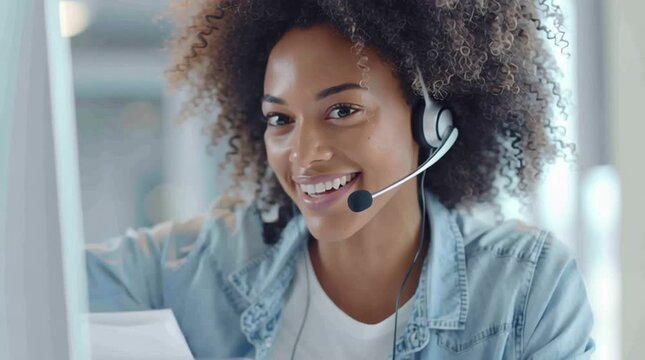 Smiling woman with headset in office setting wearing denim shirt and curly hair looking at viewer