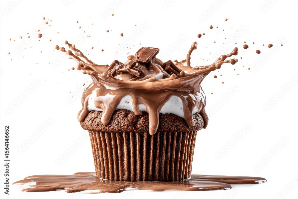 Poster the chocolate muffin features floating chunks and is finished with a milk splash
