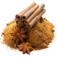 Cinnamon sticks and ground cinnamon with anise stars removed background