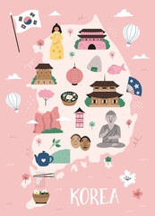 Cute Illustrated Map of South Korea with Landmarks and Cultural Symbols