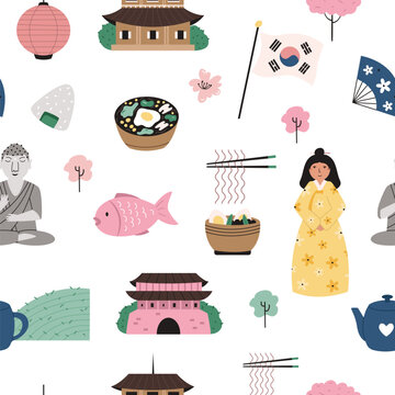 Seamless Korean Pattern. Cute Hand Drawn Food, Landmarks, and Traditional Elements