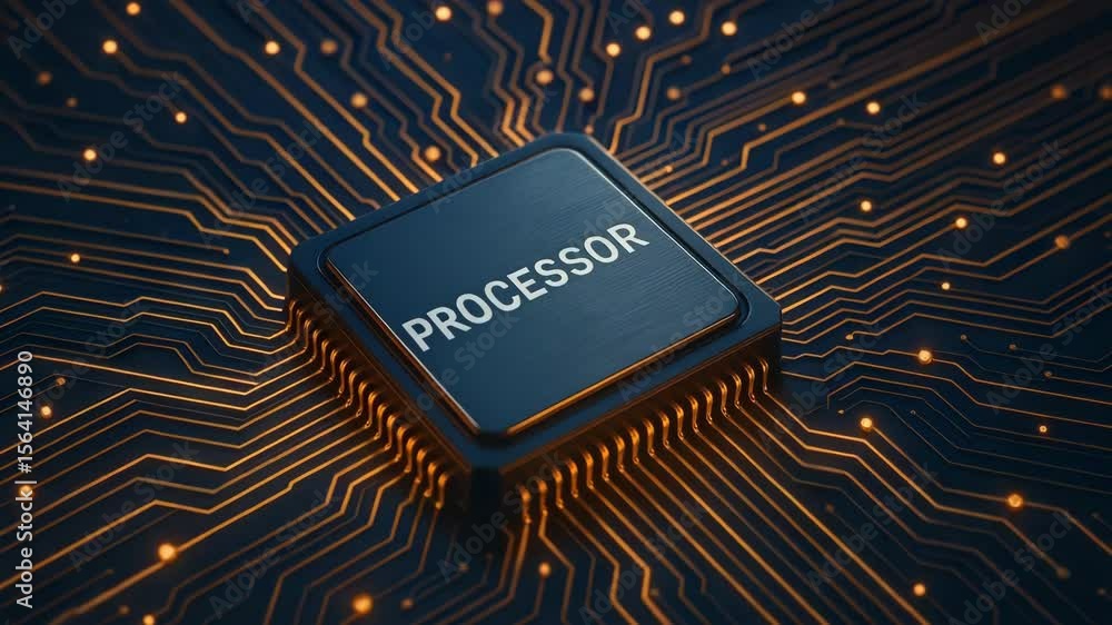 Poster a close-up of a modern processor on a circuit board, showcasing intricate connections and vibrant li