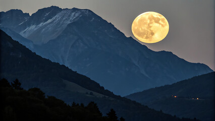 A full moon rising over a mountain range casting a soft glow on the landscape at twilight hour - ai generated