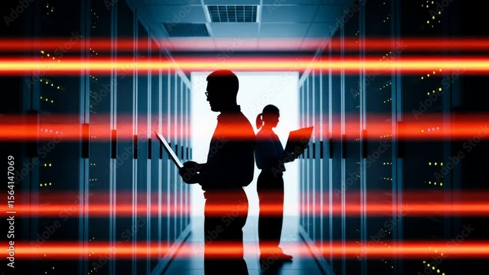Poster silhouettes of professionals working with laptops in a futuristic data center corridor with