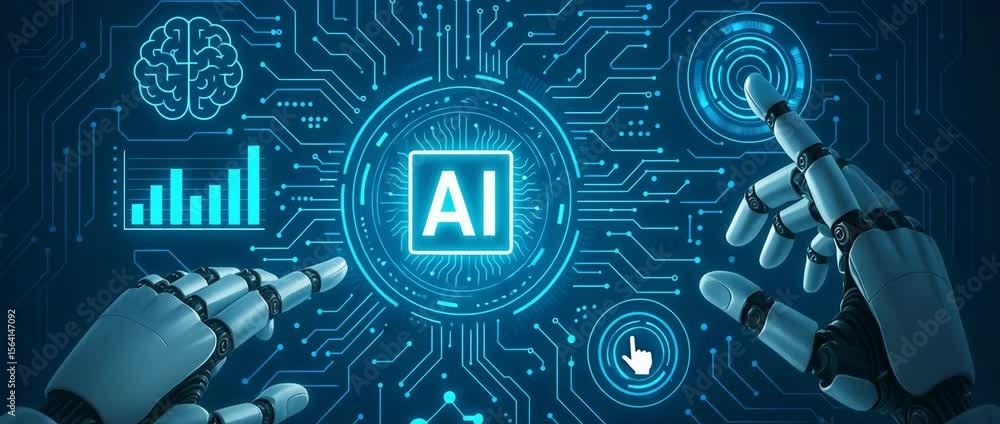 Poster this image features a futuristic representation of artificial intelligence, showcasing robotic hands