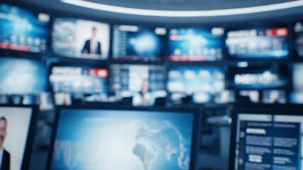 Dynamic multi-screen display showing global news and information in a blurred broadcast control room, a modern technology concept with copy space. - Powered by Adobe