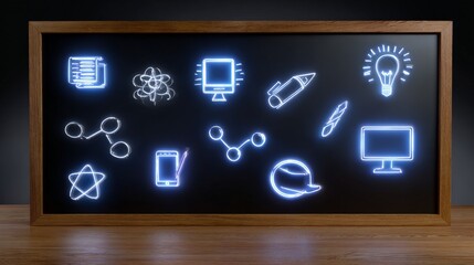 Neon science symbols on black chalkboard in wooden frame