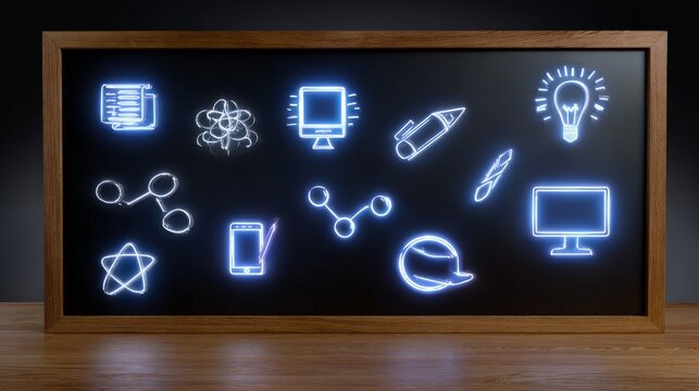 Neon science symbols on black chalkboard in wooden frame - Powered by Adobe
