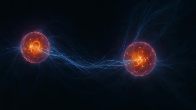 An abstract representation of quantum entanglement, featuring two connected particles emitting energy. The image symbolizes the complexities of modern physics and the universe.