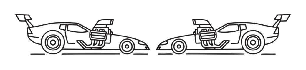 Drag racing cars icon featuring detailed engine design, minimalist style