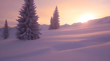 Snowy Mountain Landscape at Sunrise with Frost Covered Pine Trees