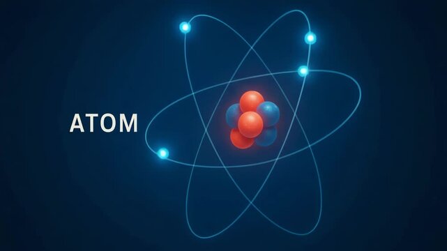 A detailed illustration of an atom model, depicting protons, neutrons, and electrons in a dynamic arrangement. Ideal for educational purposes in physics and chemistry.