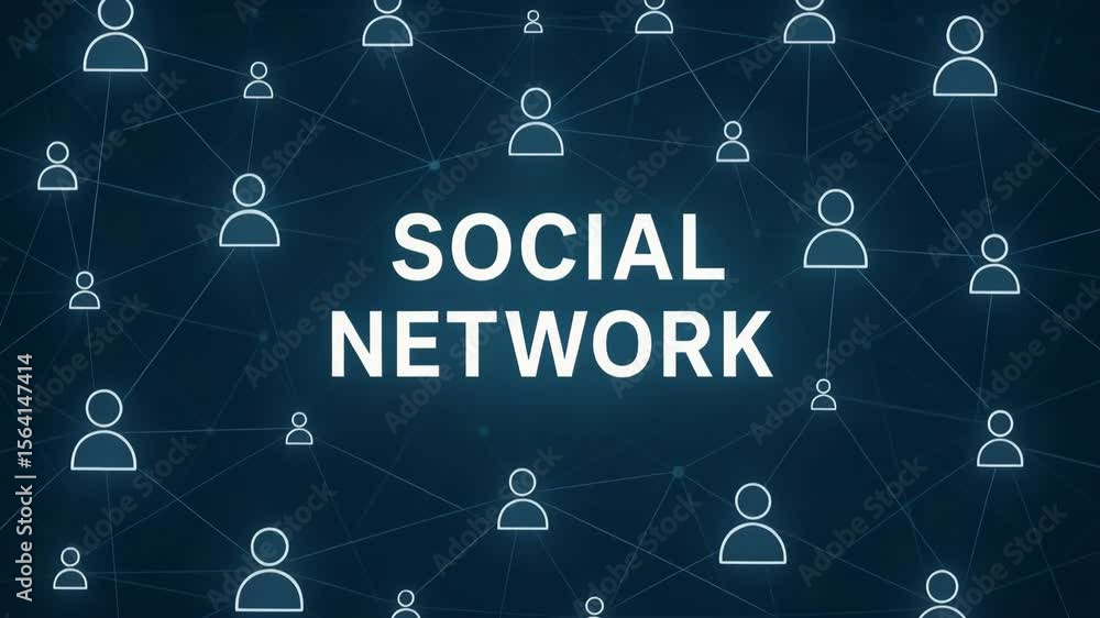 Poster an abstract representation of a social network, showcasing interconnected users against a dark blue 