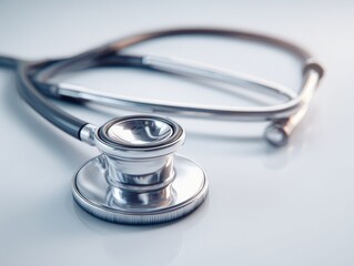 Close-up of a silver stethoscope, elegantly curved, rests on a bright, reflective surface; showcasing its polished chrome chestpiece and tubing