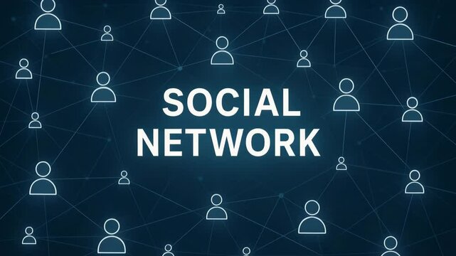 An abstract representation of a social network, showcasing interconnected users against a dark blue background, symbolizing digital communication and online relationships.