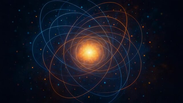 An abstract representation of atomic structure, showcasing a central glowing core surrounded by swirling orbits of electrons