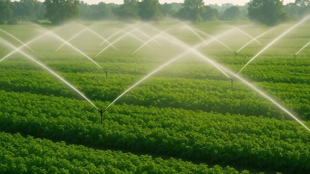Amidst lush green fields, a network of sprinklers efficiently water crops under the warm sunlight, showcasing agricultural practices essential for sustainable farming.
