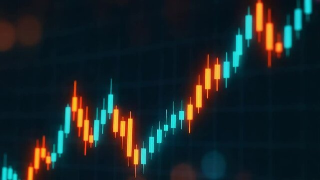 A close-up view of a financial chart displaying fluctuating stock values in vibrant colors. The dynamic lines and bright indicators represent market trends and economic activity.