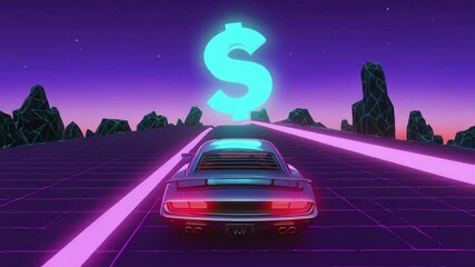 An 80s sports car races down a glowing neon grid highway toward a massive pulsing $ sign on the horizon, synth wave skyline - Powered by Adobe